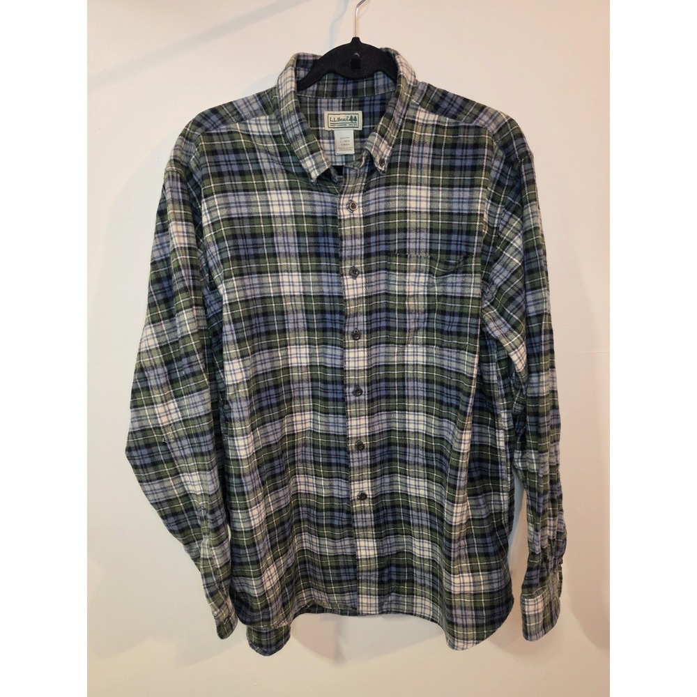 L.L.Bean Plaid Flannel Shirt Mens Large Green Blue Cotton Button Up Outdoor
